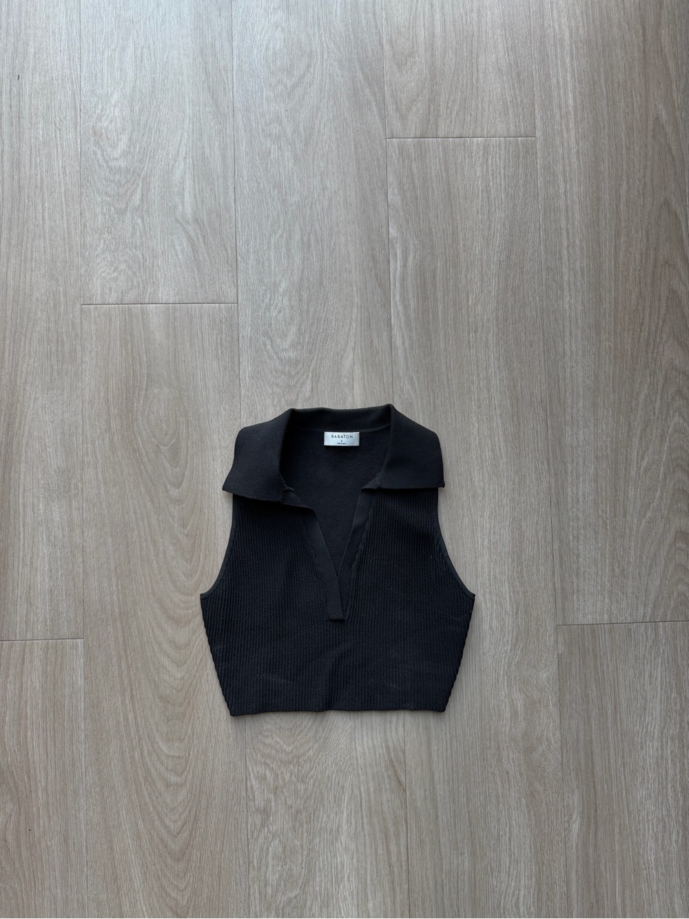 Aritzia Babaton Black Ribbed Sleeveless Polo Crop